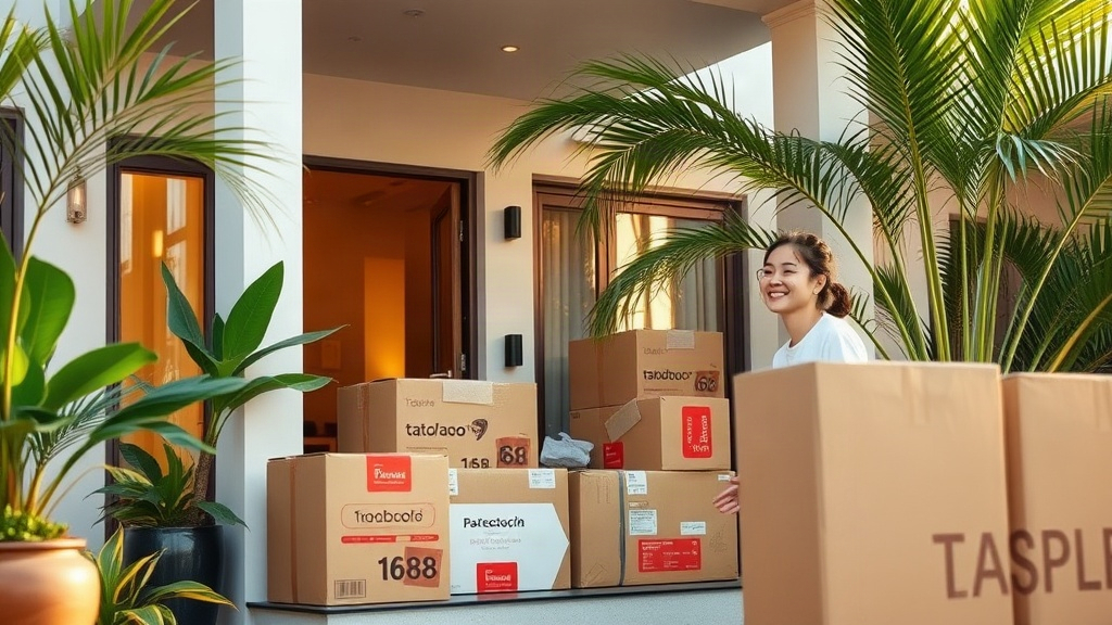 Singapore homeowner receiving Taobao and 1688 packages at their doorstep with a smile